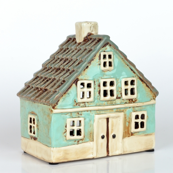 Keramický vánoční domeček 8 oken azurově modrý