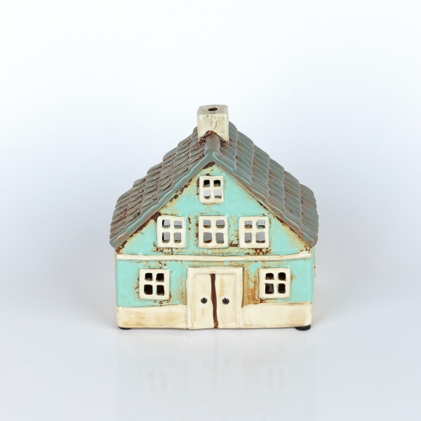 Keramický vánoční domeček 8 oken azurově modrý