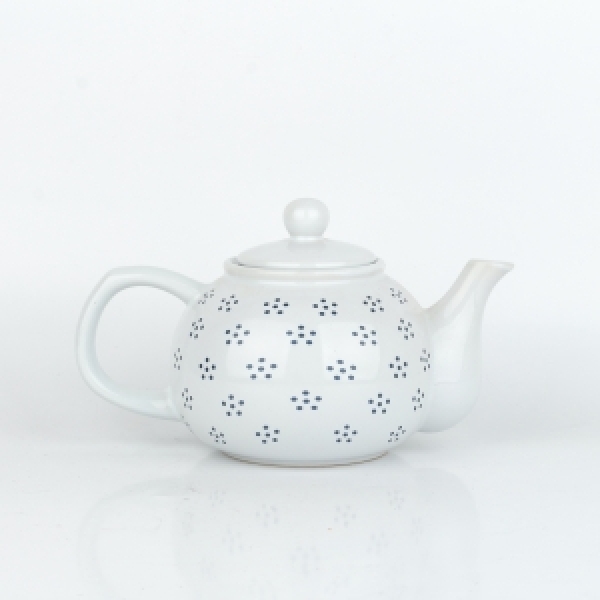 Konvička na čaj bílá s modrými tečkami 1L
