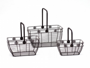 Košík drátěný antik s kytičkou a uchem (3ks)