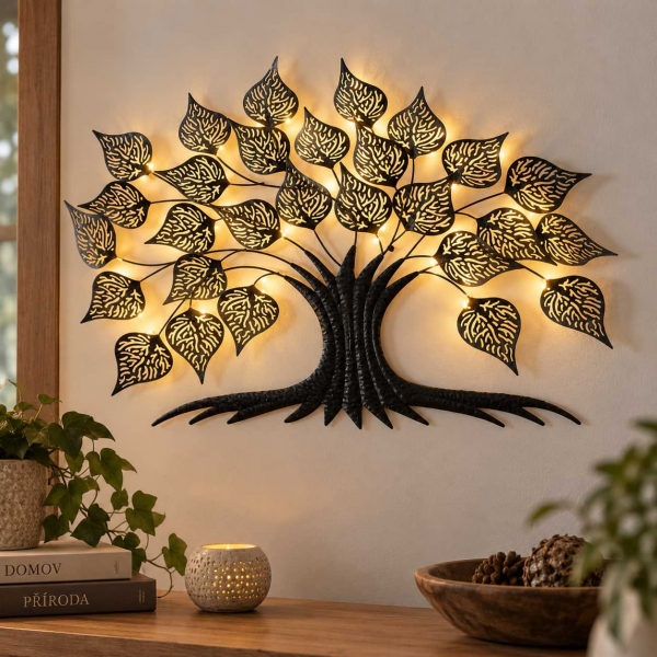 Kovová dekorace na zeď strom s LED světlem 77x56cm