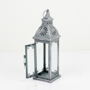 Kovová lucerna šedá s patinou velká zdobená 70cm