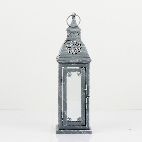 Kovová lucerna šedá s patinou velká zdobená 70cm