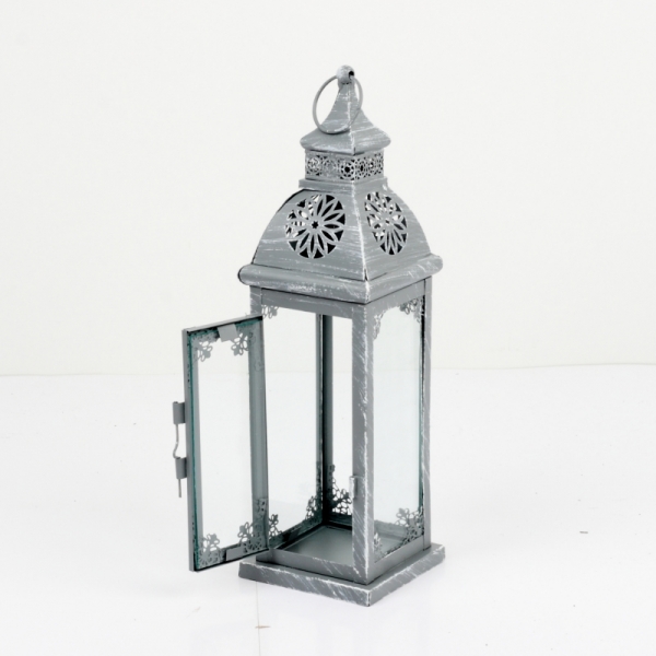 Kovová lucerna šedá s patinou zdobená 52cm