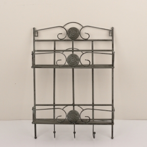 Kovová nástěnná police s háčky a patinou 38x14x56cm