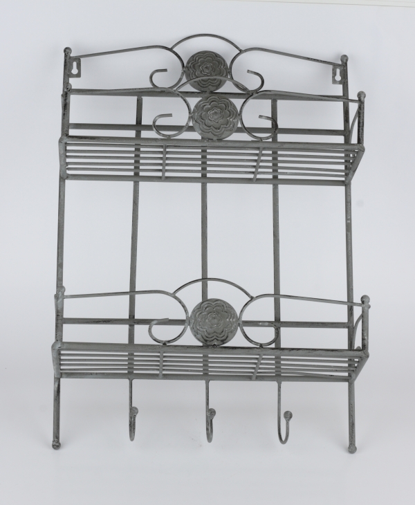 Kovová nástěnná police s háčky a patinou 38x14x56cm