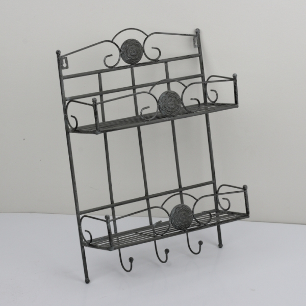 Kovová nástěnná police s háčky a patinou 38x14x56cm