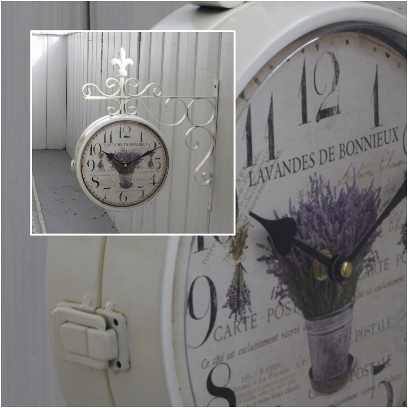 Kovové oboustranné hodiny bílé s levandulí 24cm