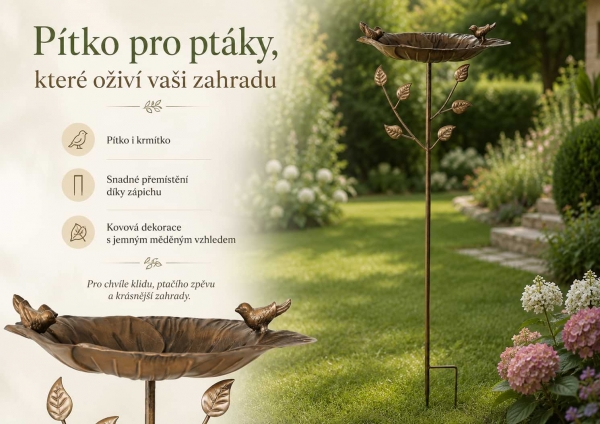 Kovové pítko pro ptáky se zápichem list s ptáčky měděné 108 cm