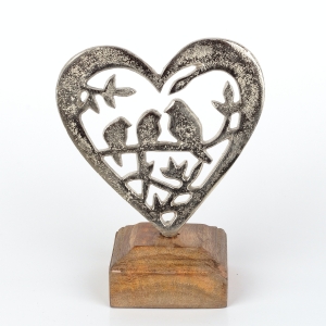 Kovové srdce s ptáčky na větvi 17cm