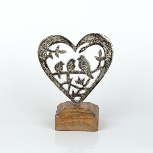 Kovové srdce s ptáčky na větvi 17cm