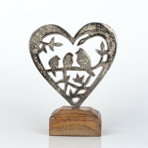 Kovové srdce s ptáčky na větvi 17cm