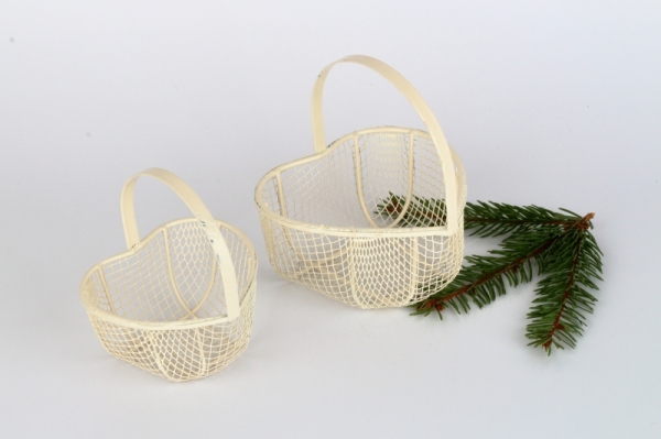 Kovový košík retro bílý srdce (set 2ks)