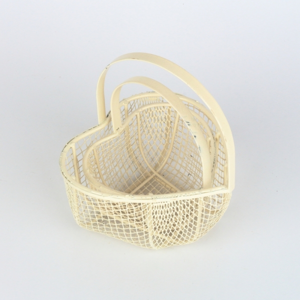 Kovový košík retro bílý srdce (set 2ks)