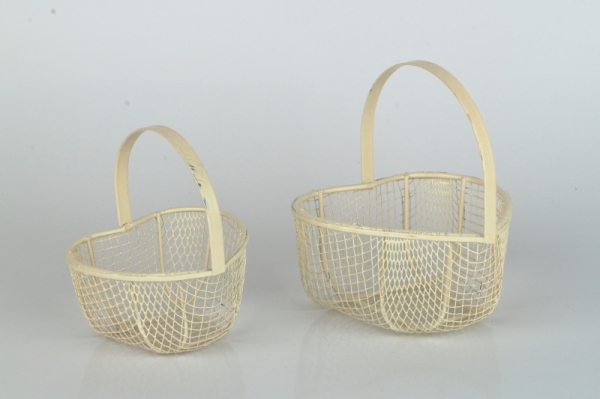 Kovový košík retro bílý srdce (set 2ks)