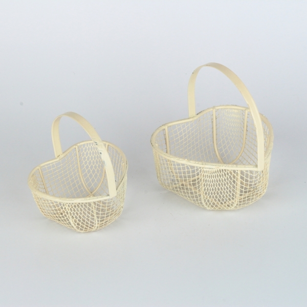 Kovový košík retro bílý srdce (set 2ks)