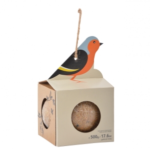 Krmítko pro ptáky lepenkové závěsné s velkou lojovou koulí 10 x 10 x 16 cm červenka obecná