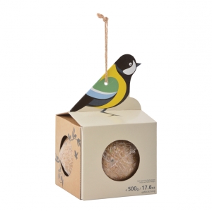 Krmítko pro ptáky lepenkové závěsné s velkou lojovou koulí 10 x 10 x 16 cm sýkora koňadra 