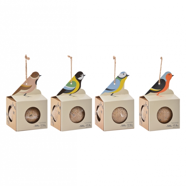 Krmítko pro ptáky lepenkové závěsné s velkou lojovou koulí 10 x 10 x 16 cm sýkora koňadra 