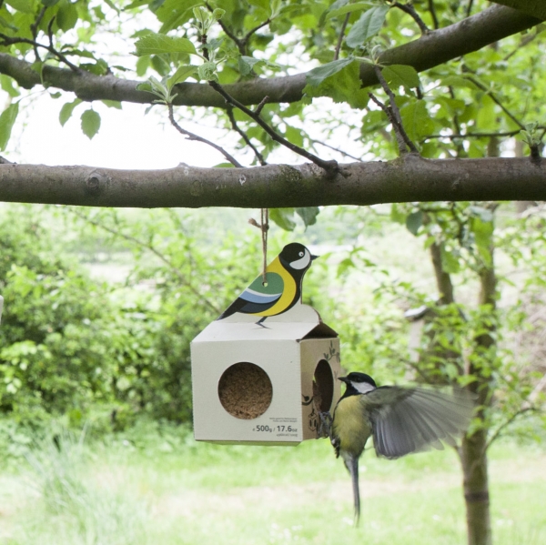 Krmítko pro ptáky lepenkové závěsné s velkou lojovou koulí 10 x 10 x 16 cm sýkora koňadra 