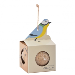 Krmítko pro ptáky lepenkové závěsné s velkou lojovou koulí 10 x 10 x 16 cm sýkora modřinka