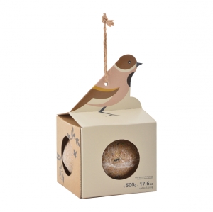 Krmítko pro ptáky lepenkové závěsné s velkou lojovou koulí 10 x 10 x 16 cm vrabec polní