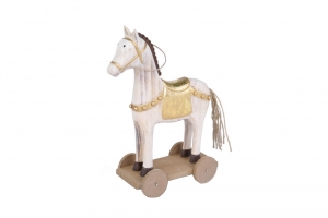 Kůň na kolečkách bílo-zlatý 18,5 x 25 x 7,5 cm dřevěný