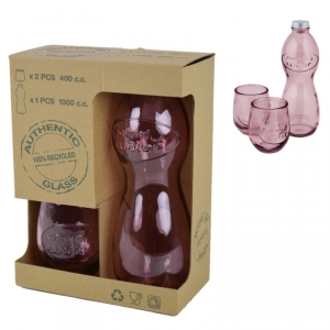 Lahev na vodu a 2 sklenice růžová