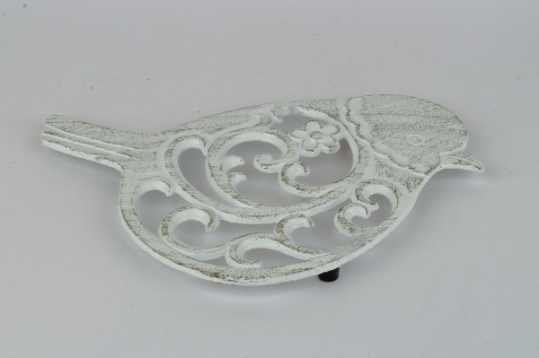 Litinová podložka pod hrnec ptáček bílá 19x19cm