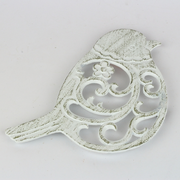 Litinová podložka pod hrnec ptáček bílá 19x19cm