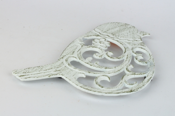 Litinová podložka pod hrnec ptáček bílá 19x19cm