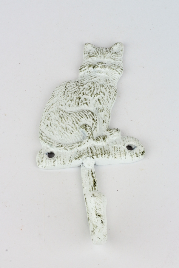 Litinový háček s kočkou bílý 18x18cm