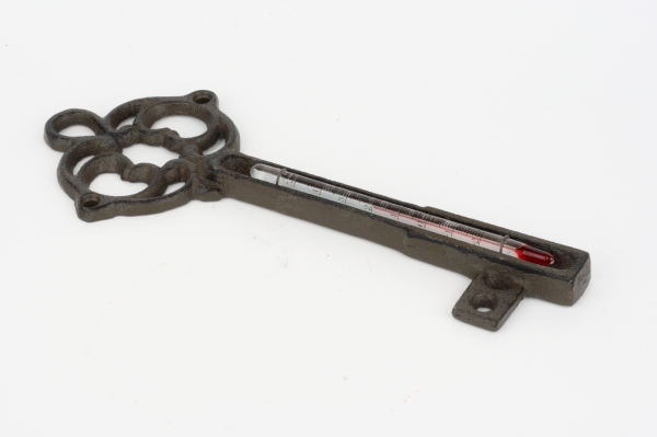 Litinový nástěnný teploměr klíč tmavý 20,5cm