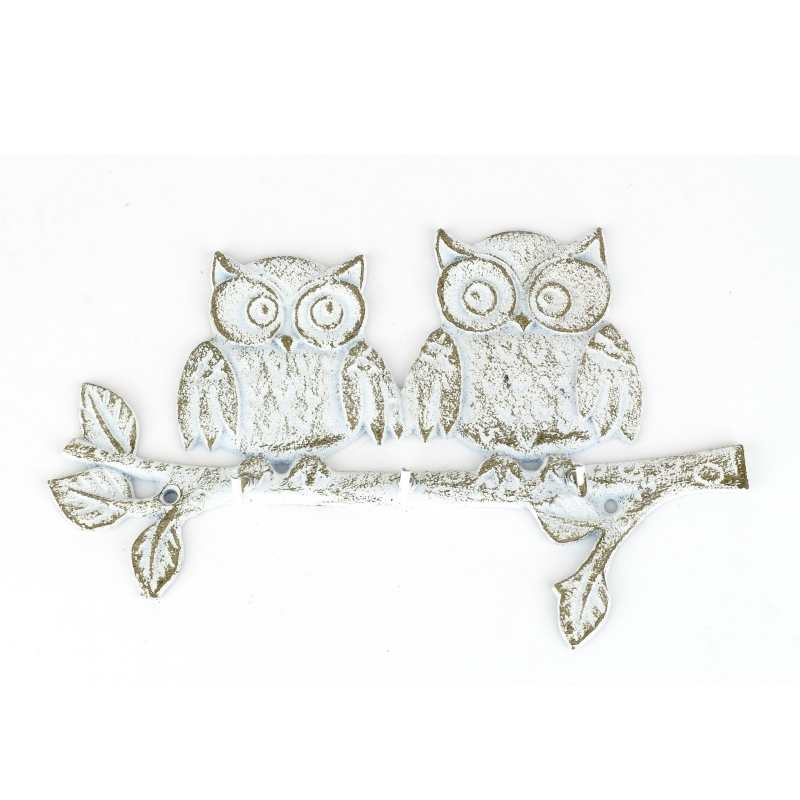 Litinový nástěnný věšák sovy bílý 27x17,5cm