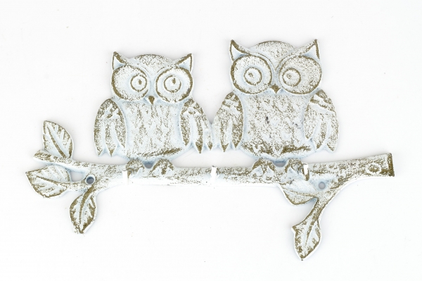 Litinový nástěnný věšák sovy bílý 27x17,5cm