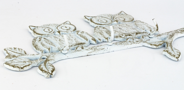 Litinový nástěnný věšák sovy bílý 27x17,5cm