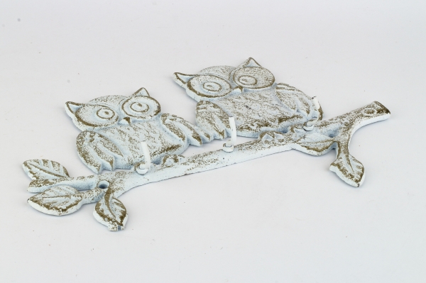 Litinový nástěnný věšák sovy bílý 27x17,5cm