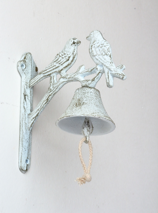 Litinový nástěnný zvonek s ptáčky bílý 18x18cm