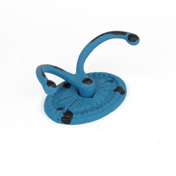 Litinový retro věšák na ručníky dvojháček oválný modrý