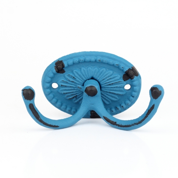 Litinový retro věšák na ručníky dvojháček oválný modrý