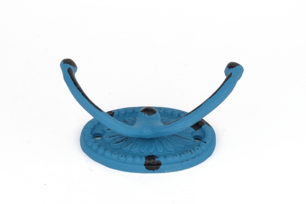 Litinový retro věšák na ručníky dvojháček oválný modrý