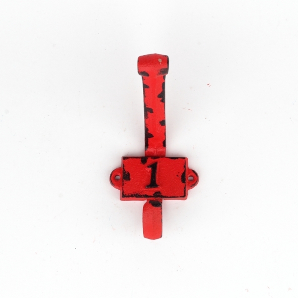 Litinový retro věšák na stěnu s číslem 1 červený 