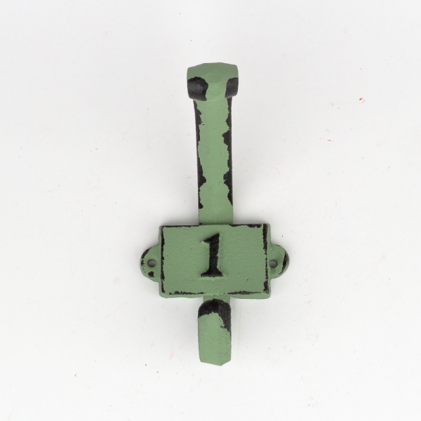 Litinový retro věšák na stěnu s číslem 1 zelený