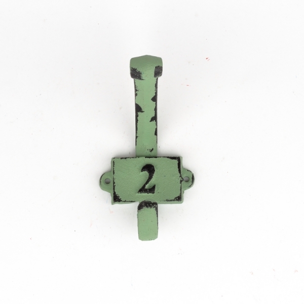 Litinový retro věšák na stěnu s číslem 2 zelený
