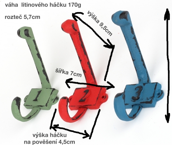 Litinový retro věšák na stěnu s číslem 3 zelený