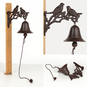 Litinový zvonek střední hnědý 2 ptáci 20cm