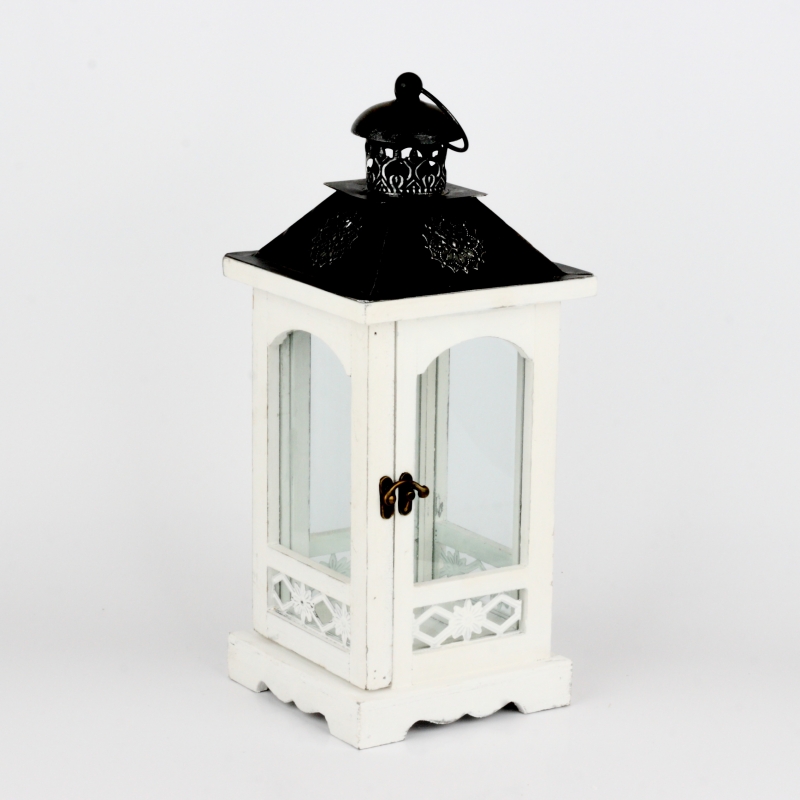 Lucerna dřevěná bílá s černou stříškou 56cm