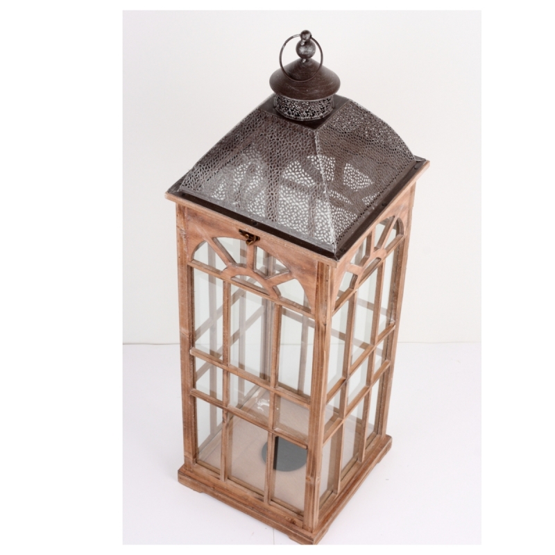 Lucerna dřevěná hnědá s kovovou stříškou 93cm