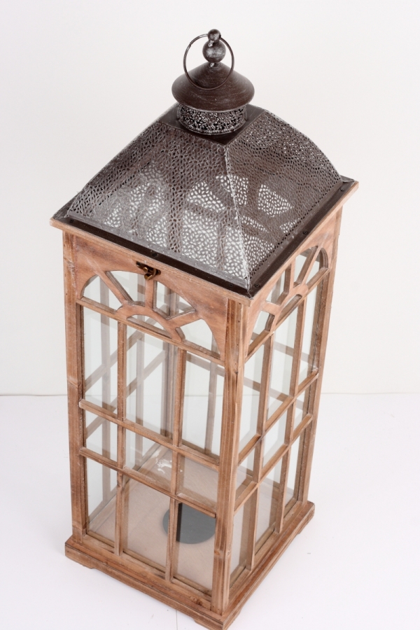 Lucerna dřevěná hnědá s kovovou stříškou 93cm