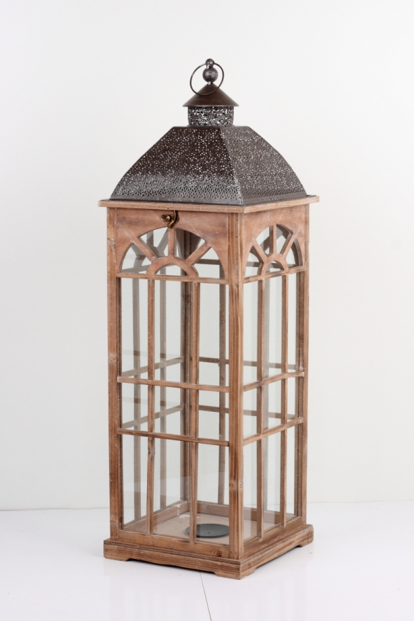 Lucerna dřevěná hnědá s kovovou stříškou 93cm